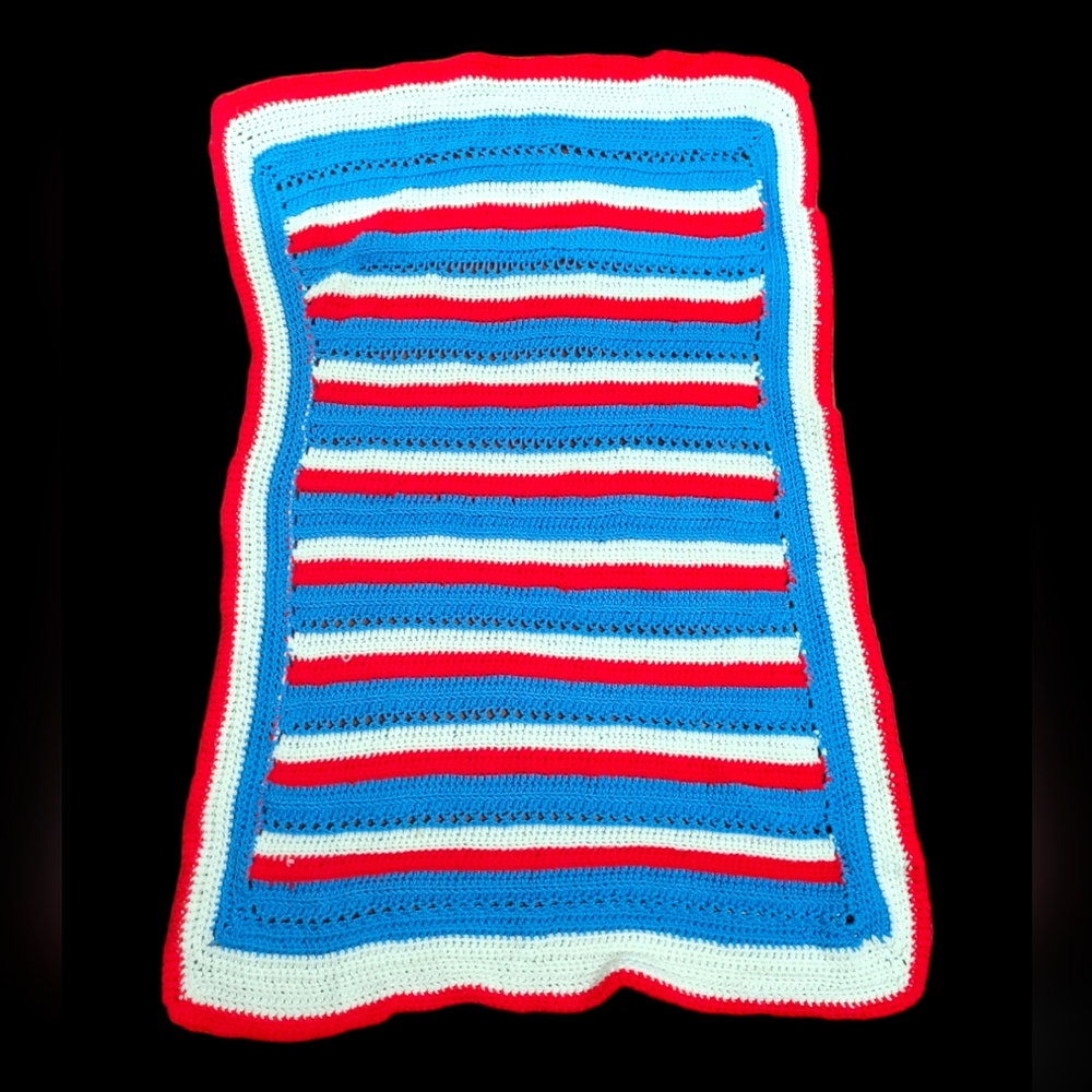 Vintage Red White Blue Crocheted Blanket 50x30
